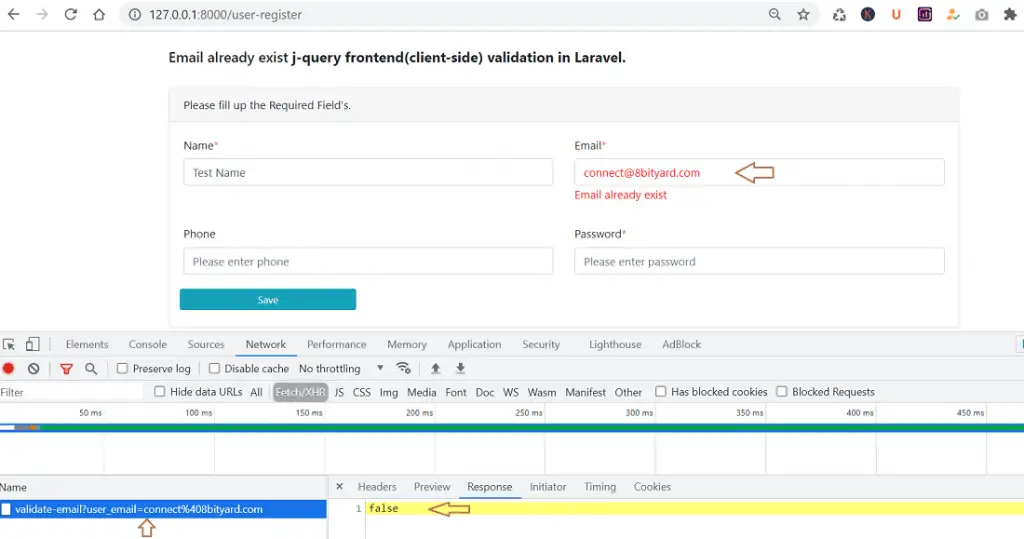 email already exist jQuery remote validation in laravel