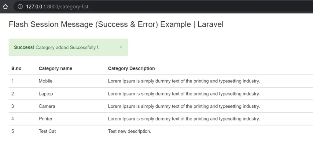 success error message in laravel