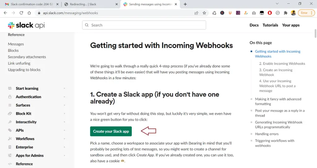 create a incoming webhook app