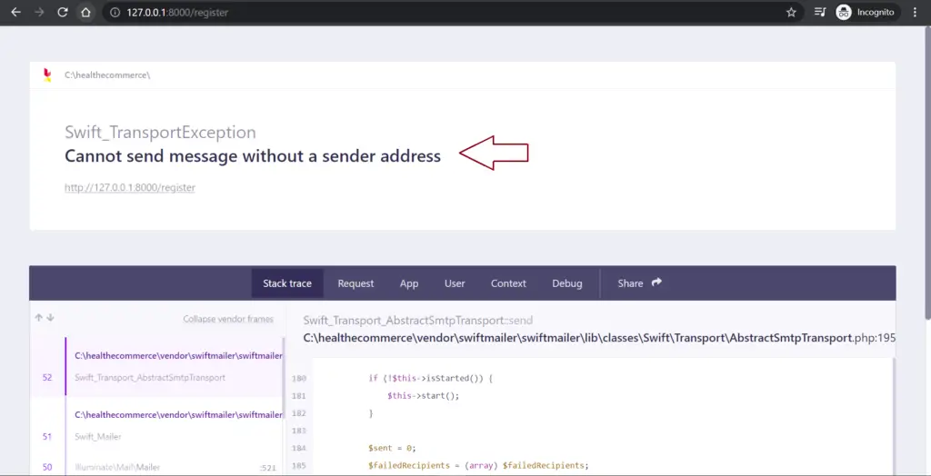 Cannot send a message without a sender address in Laravel