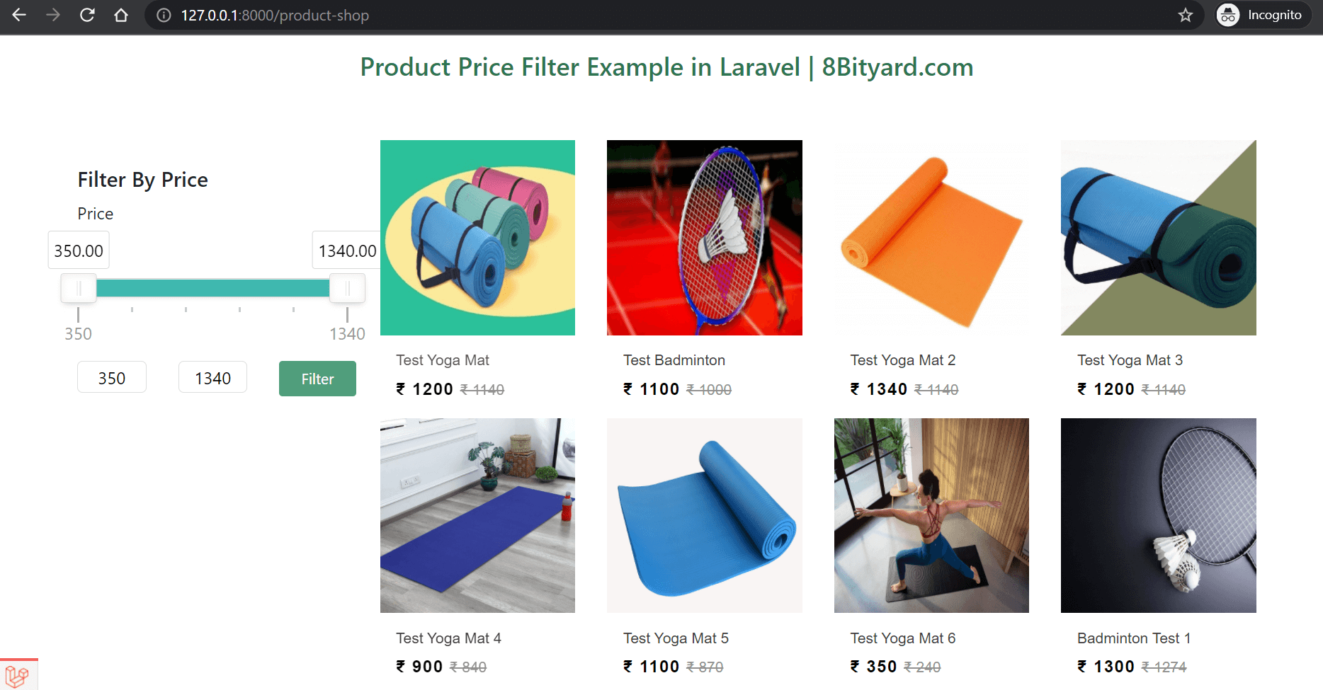 Product price range slider in Laravel Price Filter 8bityard