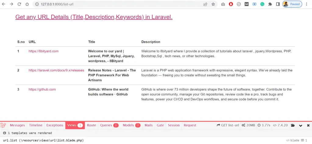 Display title and description of URL in Laravel